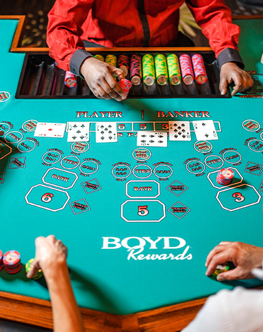 Couple playing baccarat from an above table view with dealer in a Boyd casino